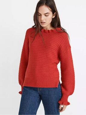 Madewell Ruffle-Neck Pullover Sweater Cotton Merino Wool Kilt Red Large NWT New